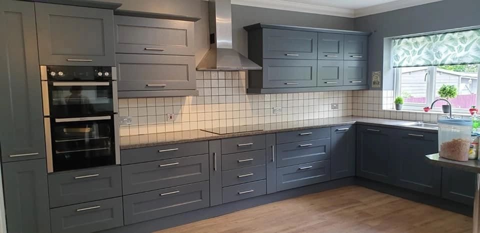 Grey kitchen cabinet spraying project after completion